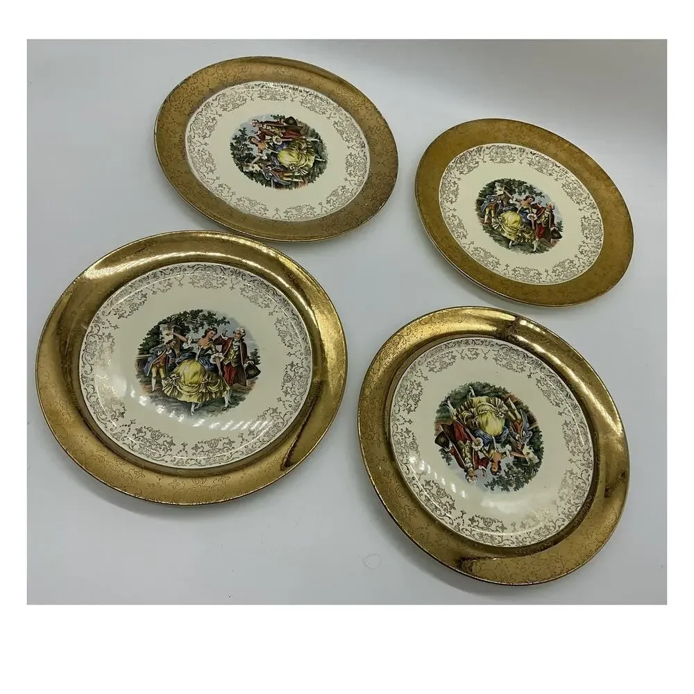 Vintage Sabin Crest-O-Gold Dinner Plates Set 4 Gold Courting Couple Rococo USA‎